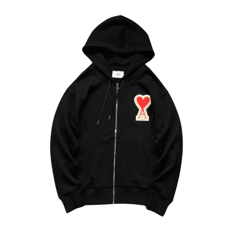Ami Big Red Heart Zip Up Hoodie Black