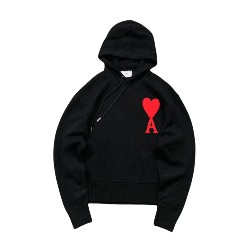 Ami Red Heart Wool Hoodie Black