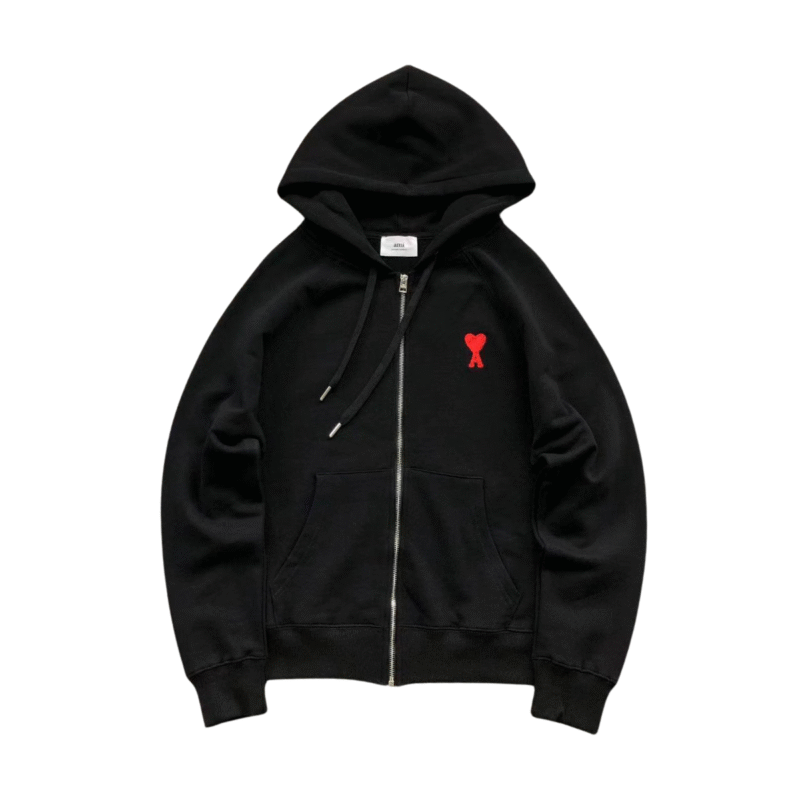 Ami Red Heart Zip Up Hoodie Black
