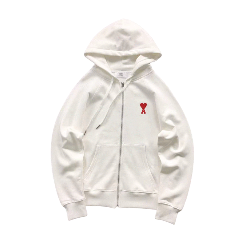 Ami Red Heart Zip Up Hoodie White