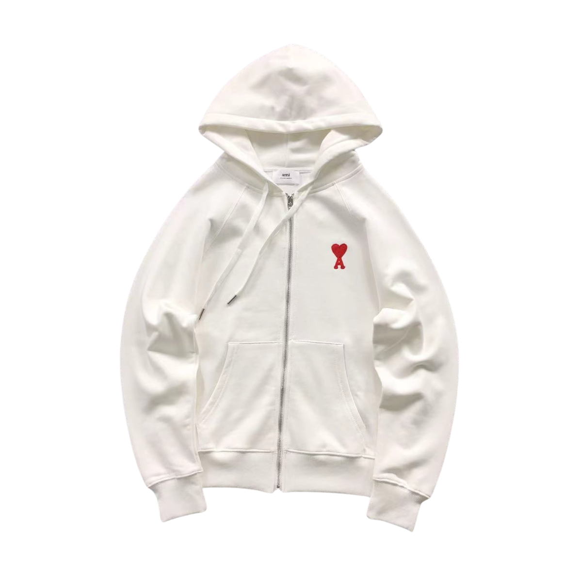 Ami Red Heart Zip Up Hoodie White