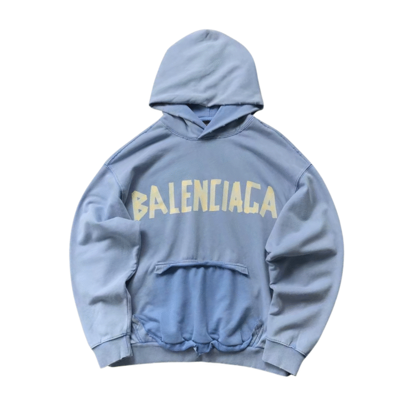 Balenciaga Distressed Logo Hoodie Light Blue