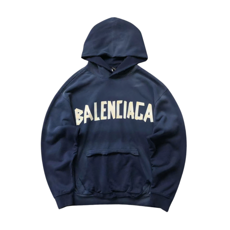 Balenciaga Distressed Logo Hoodie Navy