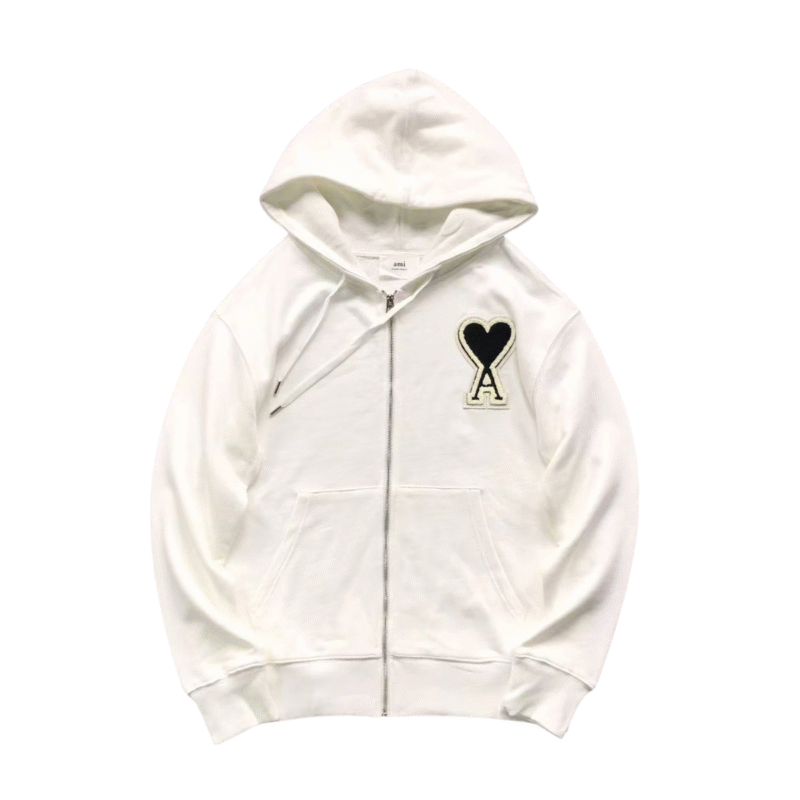 Ami Big Black Heart Zip Up Hoodie White