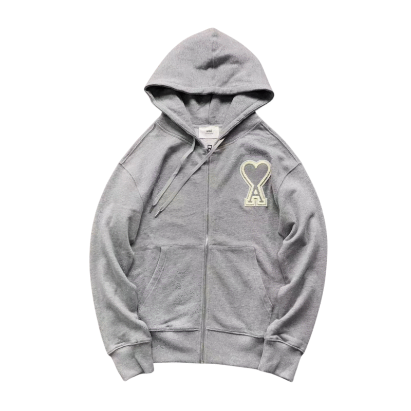 Ami Big Grey Heart Zip Up Hoodie Grey