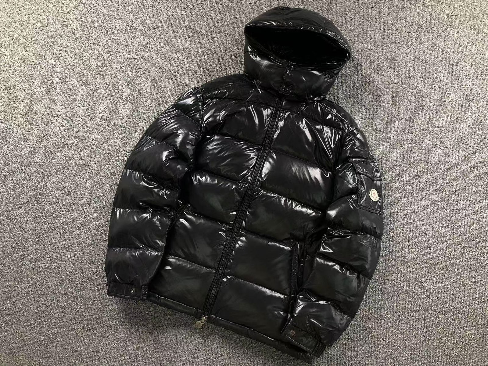 Moncler Logo Shiny Puffer Jacket Black - Image 2
