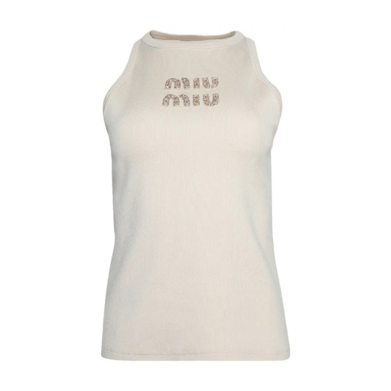 Miu Miu Ribbed Jersey Top Natural