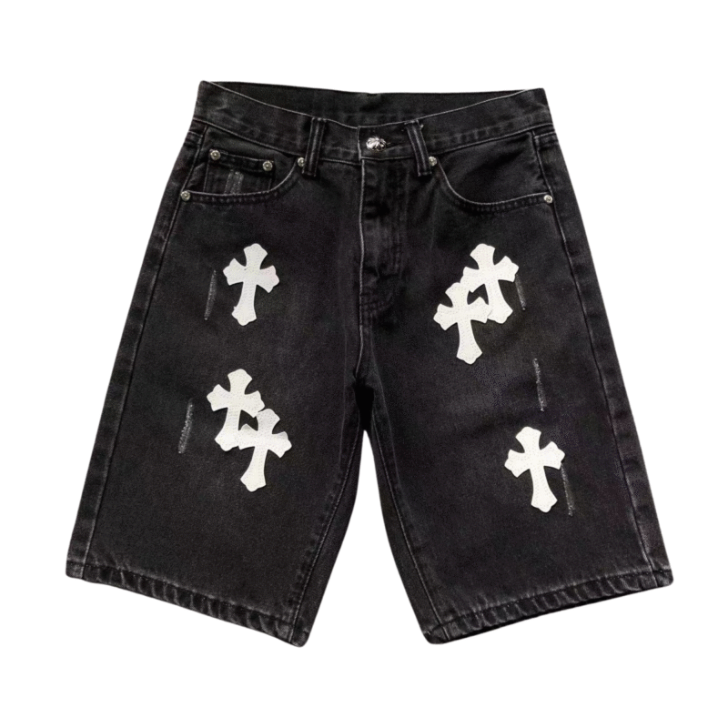 Chrome Hearts Black Denim Shorts White Crosses