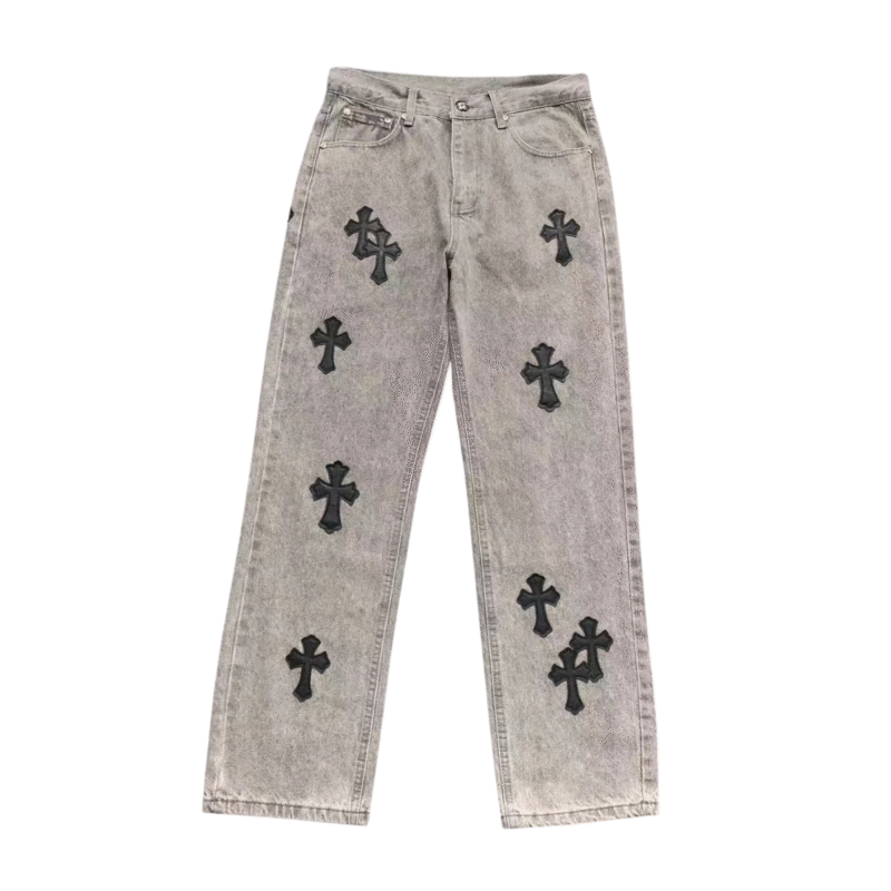 Chrome Hearts Grey Denim Jeans Black Crosses
