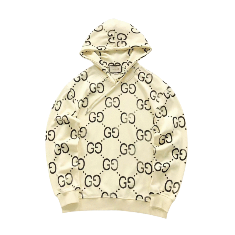 Gucci Logo White Print Hoodie Cream