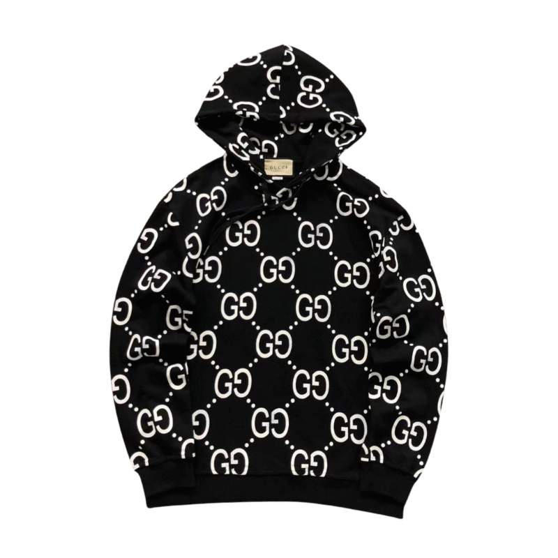 Gucci Logo White Print Hoodie Black