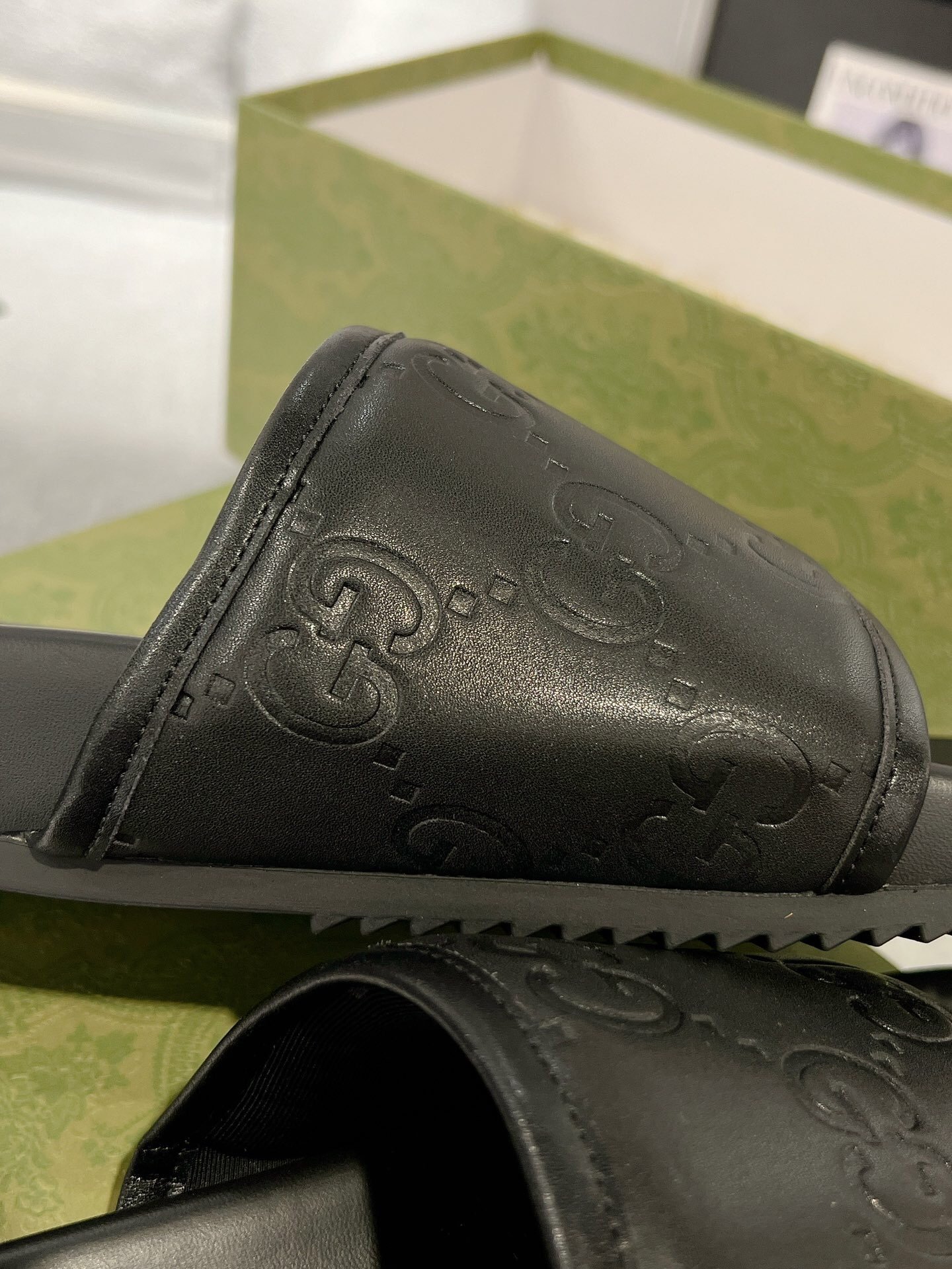 Gucci Logo Pattern Leather Slide Black - Image 2