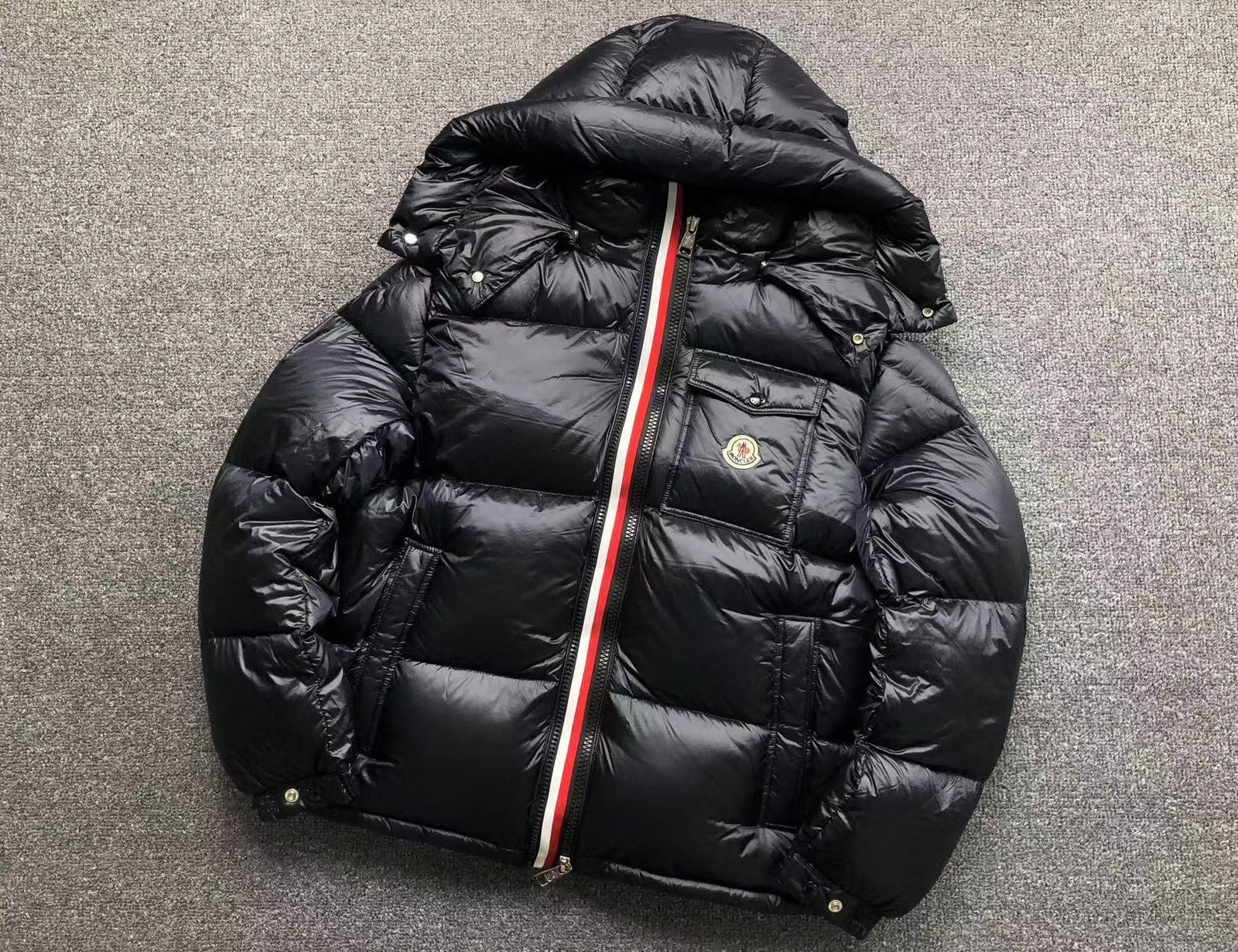 Moncler Logo Shiny Puffer Jacket Dark Navy - Image 2